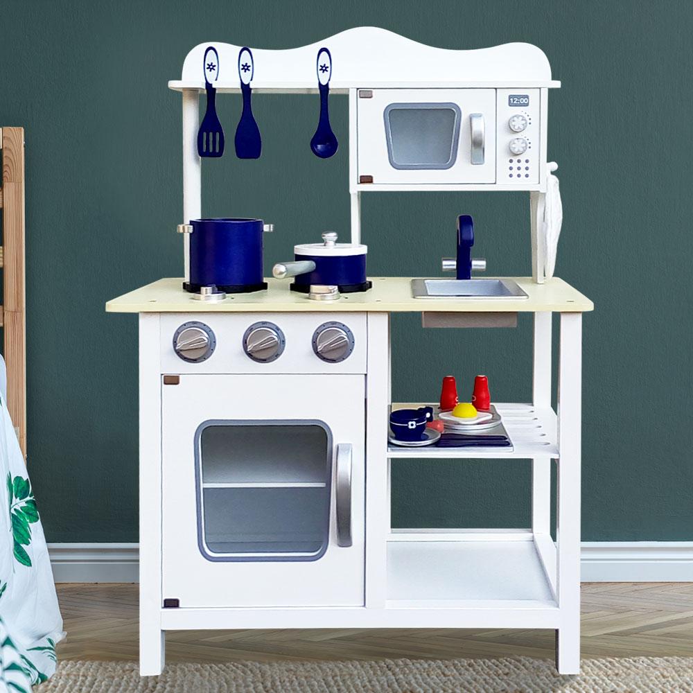 Keezi 18 Piece Kids Kitchen Play Set in white and blue, featuring a stove, microwave, sink, and various cooking accessories.